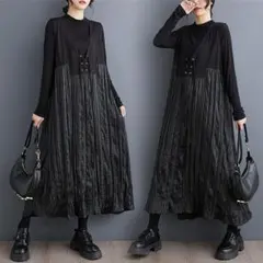 大きいサイズ　ワンピース　ロング　レディース 異素材　秋冬 プリーツ