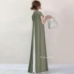 新品　バックシフォン ロングワンピース 韓国 半袖 無地 緑系 春 ザラ GRL