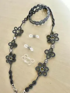 ✿【2way】グラスコード ・マスクチェーン、メガネ タティングレース☆グレー