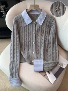 グレー ケーブルニットカーディガン　韓国 SHEIN