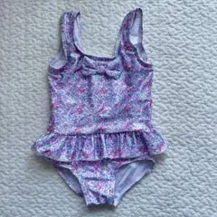 フリル付き紫系花柄 ベビー キッズ 水着 90cm 美品フリル可愛い リボン付