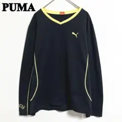 PUMA Vネック　長袖　Tシャツ　L　黒　黄色　ロゴ入り　ジムウェア　運動