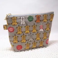 609 ハンドメイド ミニポーチ 猫柄 トラ猫 絨毯 グレー コットンこばやし