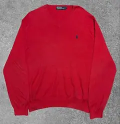 ポロラルフローレン レッド Vネック コットン ニット フェード L