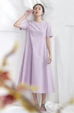 ナチュラルビューティーベーシック　半袖 Aラインカットソーワンピース　ラベンダー