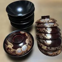 菊絵 蓋付き汁椀 7客セット 漆器風のサムネイル