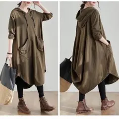 【残り２点】２ＸＬ カーキ パーカーワンピ 長袖 おしゃれ 人気 春秋 ゆったり