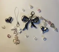 ビーズキーホルダー チャーム ピンク シルバー リボン ハート