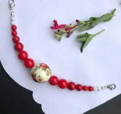 1524赤　珊瑚 白　花　羽織　紐　 長い クリスマス　帯留め　帯締め　振袖