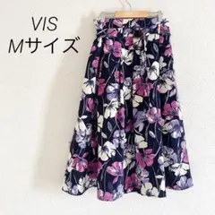 VIS ベルト付き花柄フレアスカート Mサイズ 洗える ポリエステル