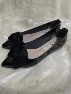DIANA ダイアナ 大きなリボン エナメル フラットパンプス 黒22.5