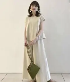 アダムエロペ レイヤードオールインワン ベージュ ワイドパンツ 半袖のサムネイル