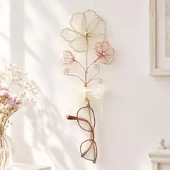 真鍮ワイヤーアート　「秋桜」　メガネホルダー　壁掛けインテリア