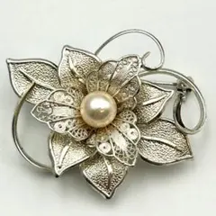 美品✨アコヤ本真珠 ブローチ 大粒8.3mm 一粒パール 花モチーフ Y2
