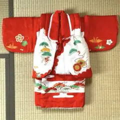 産着祝着　一つ身　でんち　赤ちゃん着物　朱色　昭和レトロ　被布セット　七五三
