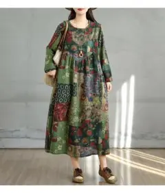 Aラインワンピース プリント 着心地いい 体型をカバー 丸襟 レトロ カラフル