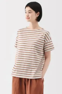 無印良品　ボーダーボートネック半袖Ｔシャツ婦人Ｍ・スモーキーオレンジボーダー
