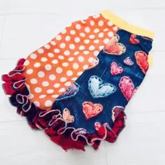 ハンドメイド　犬服　デニム風刺繍ハート×ドッド　メッシュニット　切替フリルタンク