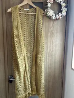 イエローレース編みベスト フリンジ付き