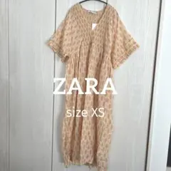 新品 ZARA ベージュ系　花柄　Vネック　ワンピース　半袖　スカート XS
