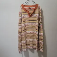 HANGTEN ジャガードTシャツ ボーダー総柄 長袖 90sビンテージ