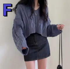 レディース　ニット　セーター　長袖　Vネック　ケーブルニット　ショート丈　青　F