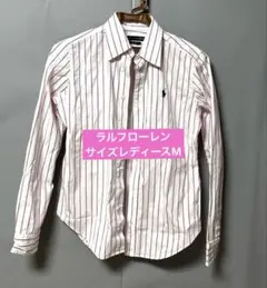 ラルフローレン ストライプ 長袖シャツ 刺繍ロゴ 白×ピンク M