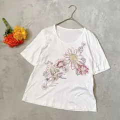 【美品】ラピーヌブランシュ スパンコール付 花柄カットソー 半袖 白 38 Mのサムネイル