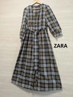 ザラ ZARA TRF チェック柄 ロングマキシワンピース　七分袖 ベルト付きのサムネイル