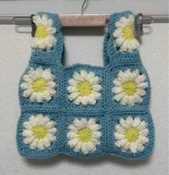 花柄グラニーバッグ 青色 かぎ針編み