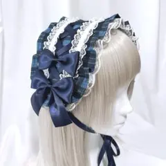 ハンドメイド ヘッドドレス タータンチェック レースアップ　青