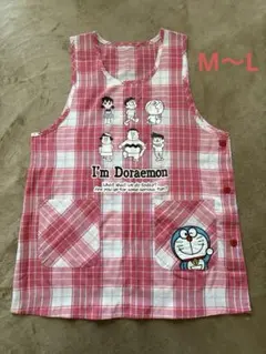 エプロン ドラえもん チェック柄 保育士 ラン型 サイドボタン