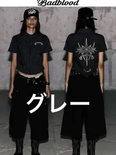 badblood チェックシャツ 半袖 ブラック クロップド丈 ストリート 韓国 