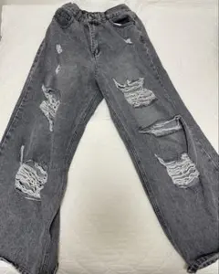 ダメージ加工 グレー ワイドレッグジーンズ