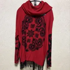 デシグアル ・Desigual フリンジ付き赤黒柄ニット【XL】