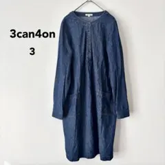 3can4on シャツワンピース 長袖 綿100% デニム インディゴブルー L
