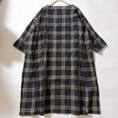 現行✨45R インディゴ　R刺繍　チェック　ワンピース　オーバーサイズのサムネイル