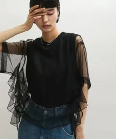 ADAM ET ROPÉ 美品 ギャザーチュールトップス F ブラック シアーのサムネイル