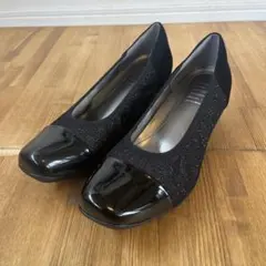 極美品　fitfit 撥水バイカラーパンプス 24cmウェッジソール 黒ラメ