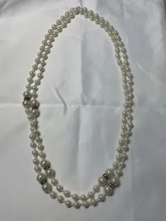 人工加工　ホワイトロングパールネックレス　2連パールネックレス