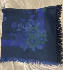 3回使用　ストール　約130x130cm　花柄　ネイビー　フリンジ付き