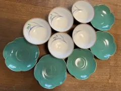 【香蘭社】花柄緑色湯飲み5客+受け皿5客セット・新品未使用