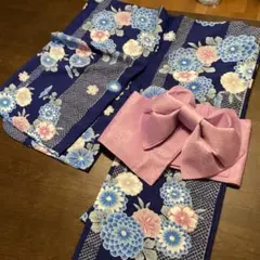 【しまむら未使用】女の子 浴衣 140cm 作り帯セット 紺色 菊柄