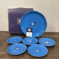 E1 【美品・箱付】たち吉 橘吉 花もよう 取り分け揃い ブルー 大皿 小皿