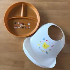【未使用】ミキハウスお食事スタイ　子ども用食器（ノーブランド日本製） セット