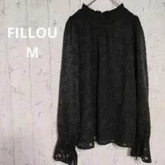 【FILLOU】黒いレース長袖ブラウス フリルカラーフラワージャガードブラウス