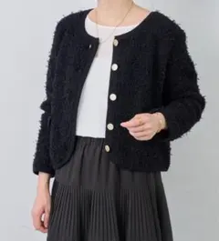 極美品 ビアズリー ツイード 前後ジャケット ノーカラー ネイビー 2WAY