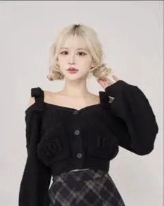 Darich ショルダーリボン Vネックニットトップス ブラック