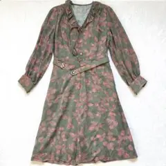 レディース 花柄 ロング ワンピース カーキ系 フリル レトロ