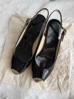 JIMMY CHOO ジミーチュウ エナメル ウエッジソールサンダル 黒　37のサムネイル